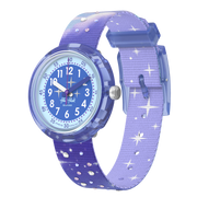 Orologio Flik Flak Mystic Clouds FPNP158 con cassa in bioplastica violetto e cinturino in PET riciclato viola.