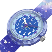 Dettaglio del cinturino tessile viola in PET riciclato Flik Flak Mystic Clouds.