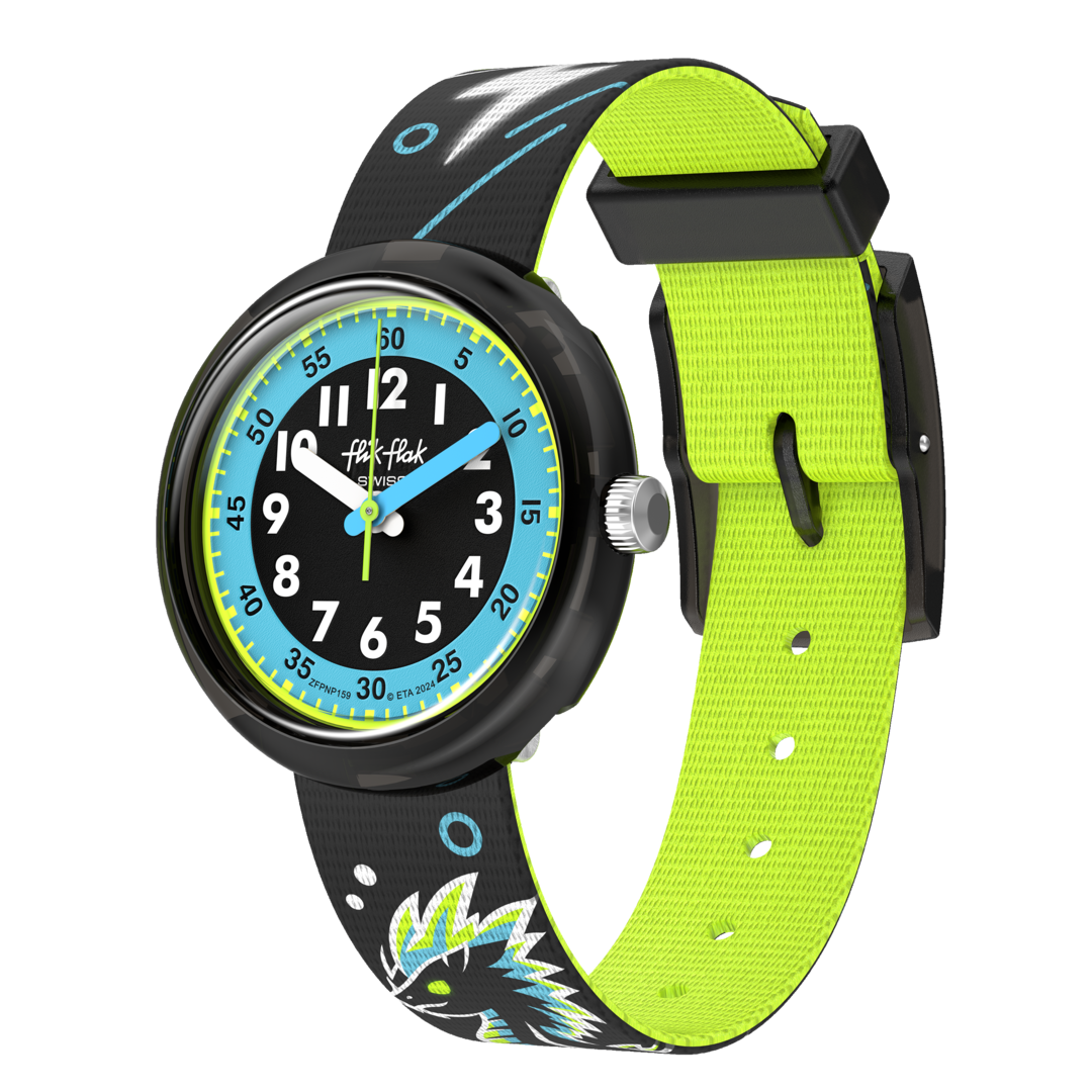 Orologio Flik Flak Mystic Dragon FPNP159 con design drago al neon su cinturino nero in PET riciclato.