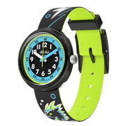 Orologio Flik Flak Mystic Dragon FPNP159 con design drago al neon su cinturino nero in PET riciclato.