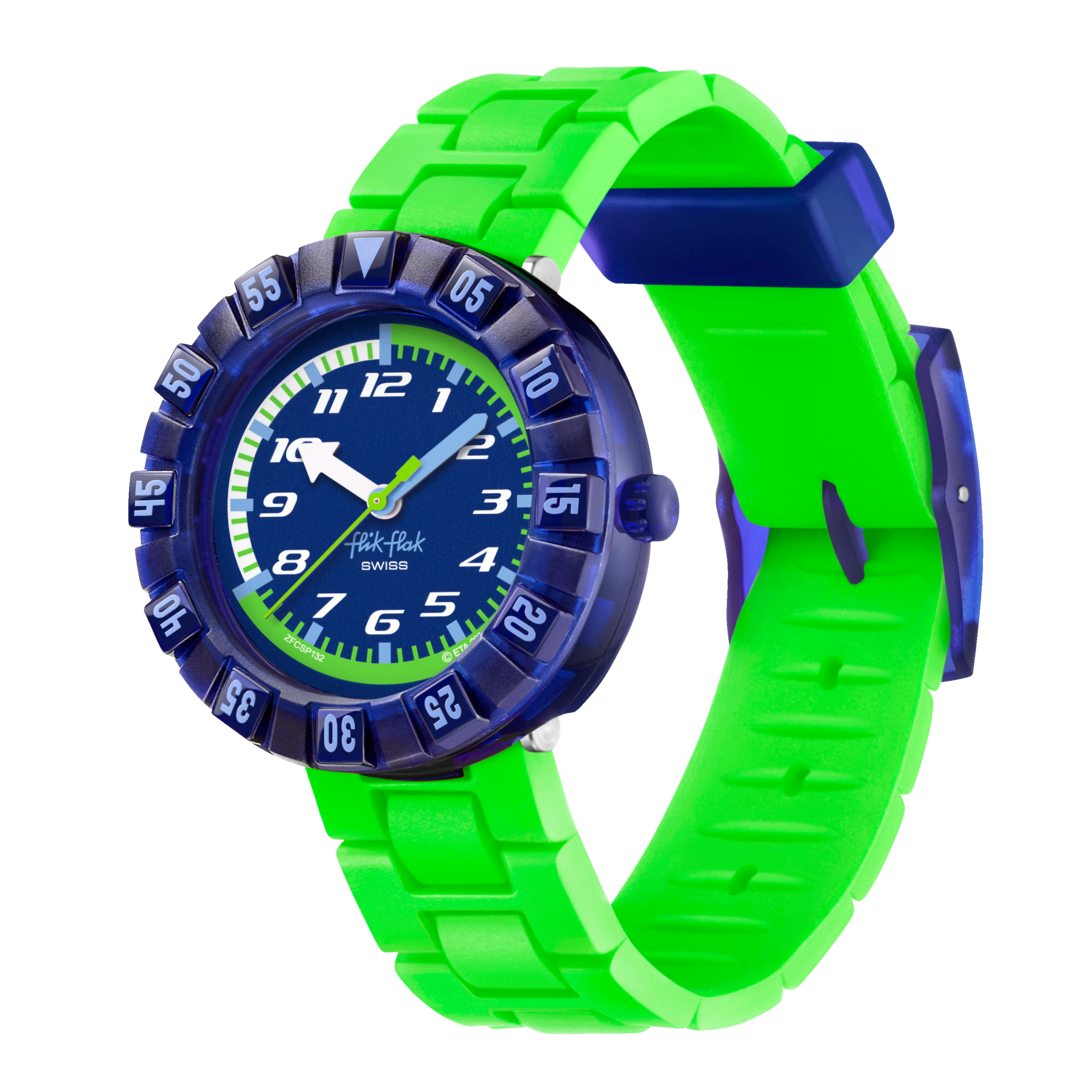 Orologio Flik Flak Neonbrick FCSP132 con cassa in plastica e cinturino in silicone verde.