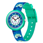 Load image into Gallery viewer, Orologio Flik Flak Nessie Ncredible FBNP199 con cassa verde e quadrante blu.
