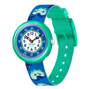 Orologio Flik Flak Nessie Ncredible FBNP199 con cassa verde e quadrante blu.
