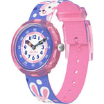 Load image into Gallery viewer, Orologio Flik Flak Peek a Bunny FBNP236 con cassa trasparente rosa e quadrante viola.
