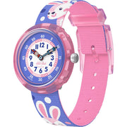 Orologio Flik Flak Peek a Bunny FBNP236 con cassa trasparente rosa e quadrante viola.