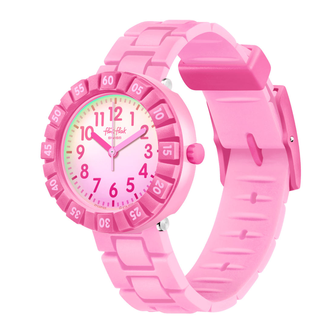 Orologio Flik Flak Pink Splash FCSP125 con cassa in resina rosa e cinturino in silicone rosa.