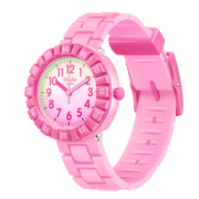 Orologio Flik Flak Pink Splash FCSP125 con cassa in resina rosa e cinturino in silicone rosa.