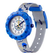 Orologio Flik Flak Puck It FPSP046 con ghiera blu girevole e quadrante grigio stampato