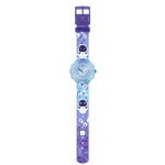 Load image into Gallery viewer, Dettaglio del cinturino tessile PET riciclato azzurro/blu con fibbia viola.
