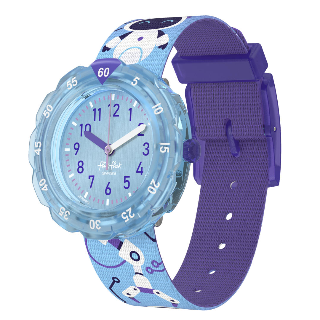 Orologio Flik Flak Robotology FPSP070 con cinturino tessile azzurro/blu e design robotico.