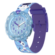 Orologio Flik Flak Robotology FPSP070 con cinturino tessile azzurro/blu e design robotico.