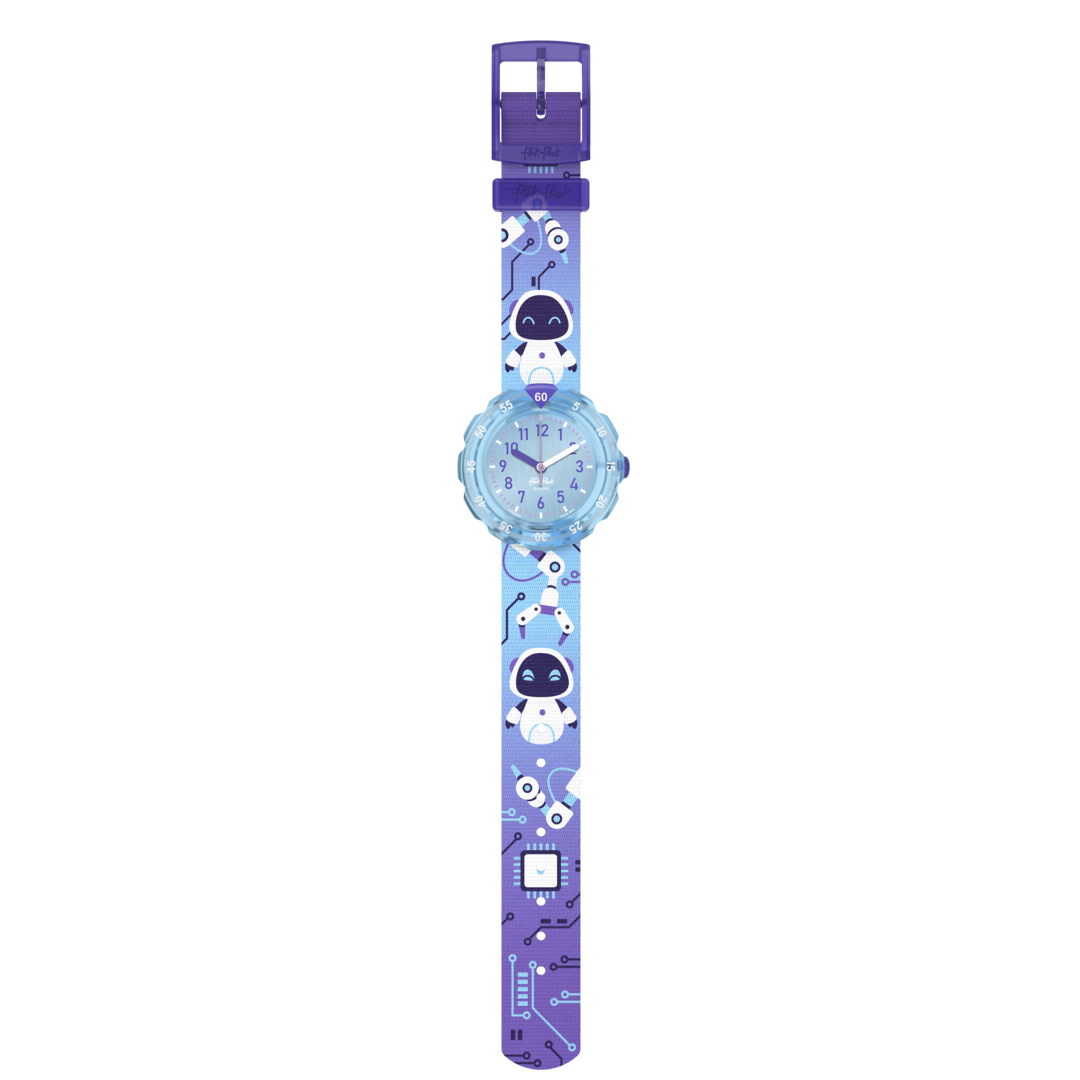 Dettaglio del cinturino tessile PET riciclato azzurro/blu con fibbia viola.