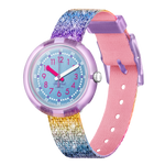 Load image into Gallery viewer, Orologio Flik Flak Shine in Rainbow FPNP128 con quadrante blu e cassa viola trasparente.
