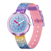 Orologio Flik Flak Shine in Rainbow FPNP128 con quadrante blu e cassa viola trasparente.