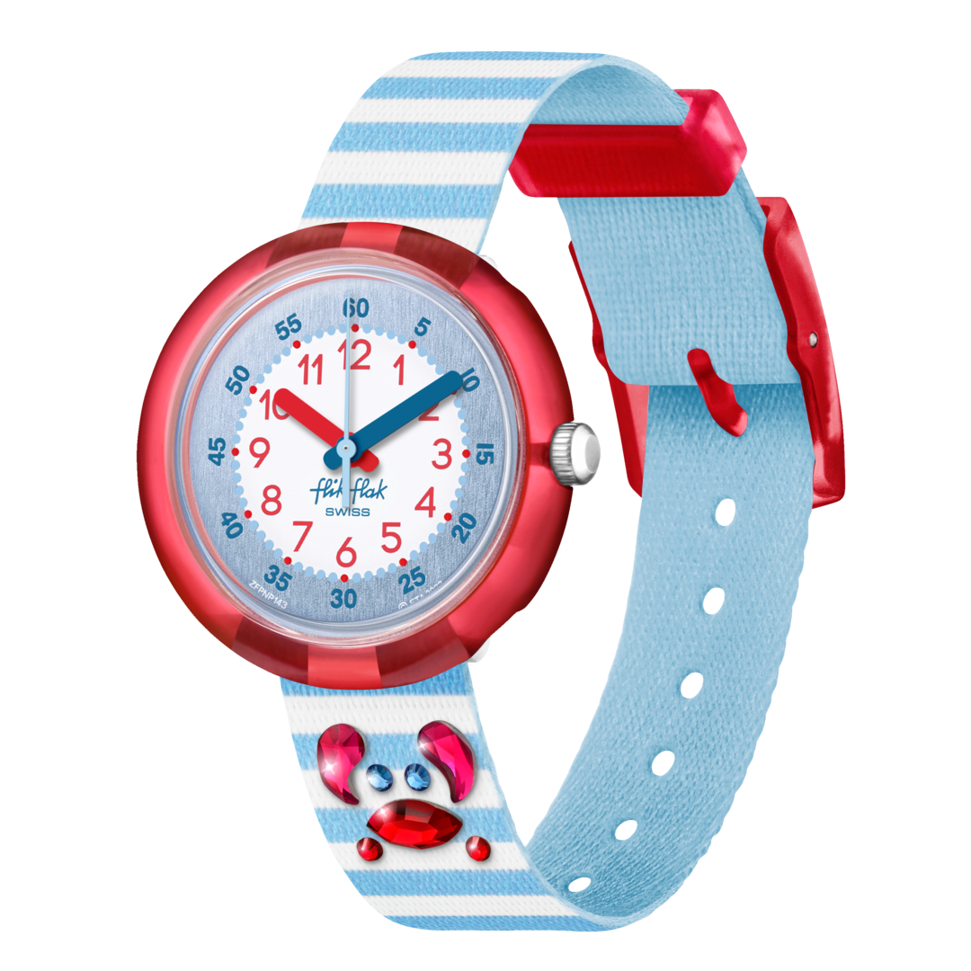 Orologio Flik Flak Shining Crab FPNP143 con quadrante bianco e granchio di cristalli.