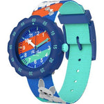 Load image into Gallery viewer, Orologio Flik Flak Skating Frenchie FPSP075 con cassa azzurra/blu in bioplastica e quadrante multicolore.
