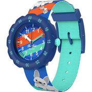 Orologio Flik Flak Skating Frenchie FPSP075 con cassa azzurra/blu in bioplastica e quadrante multicolore.
