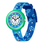 Load image into Gallery viewer, Orologio Flik Flak Soccerozaurus FBNP209 con quadrante blu e fantasia dinosauri-calcio su cinturino.
