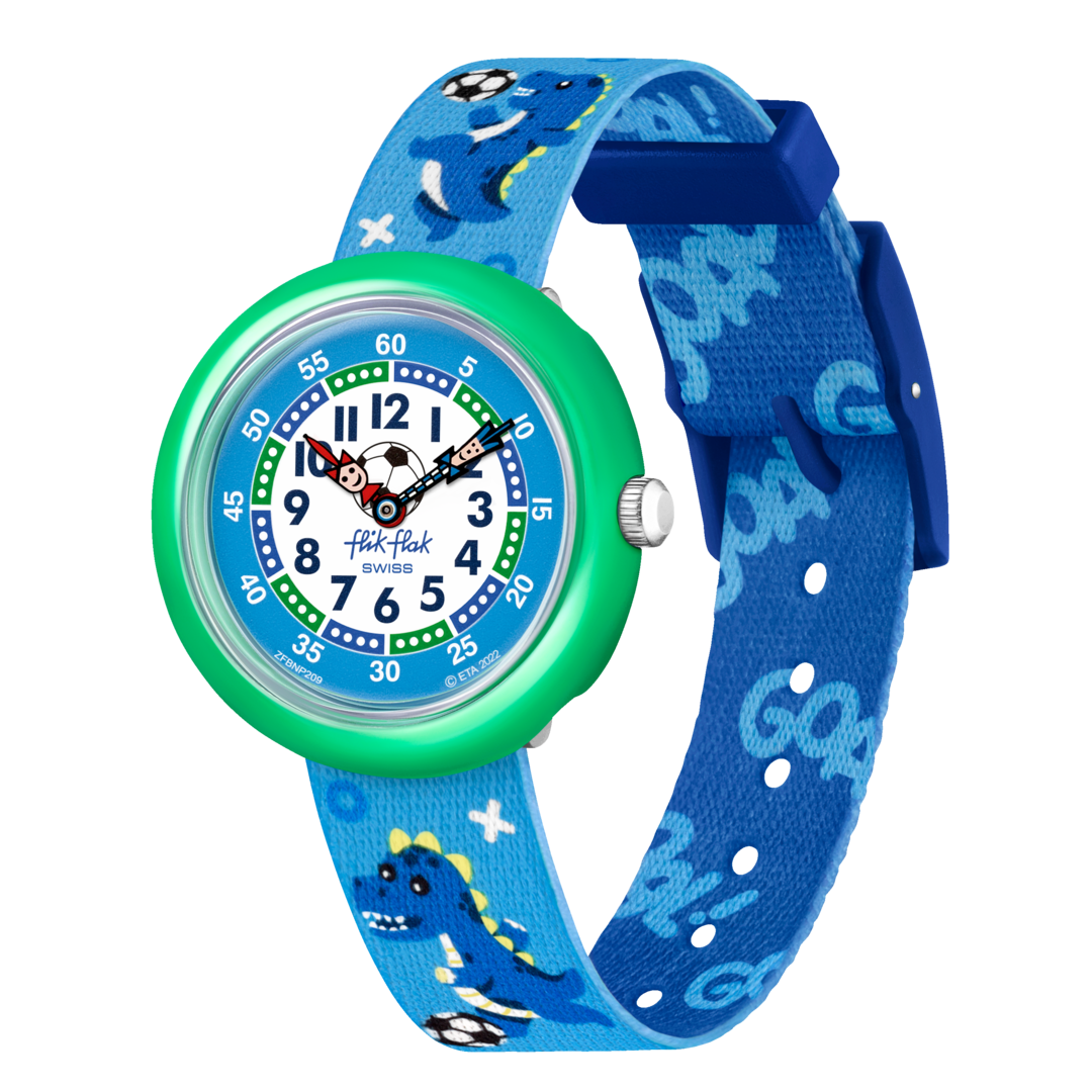 Orologio Flik Flak Soccerozaurus FBNP209 con quadrante blu e fantasia dinosauri-calcio su cinturino.