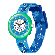 Orologio Flik Flak Soccerozaurus FBNP209 con quadrante blu e fantasia dinosauri-calcio su cinturino.