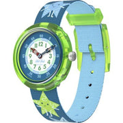 Orologio Flik Flak Starry Glow FBNP242 con cassa verde in plastica biobased e quadrante azzurro/blu.