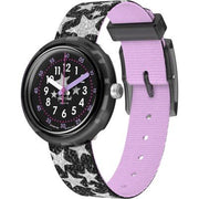 Orologio Flik Flak Starry Night ZFPNP168 con cassa nera trasparente e quadrante nero con stelle brillanti.