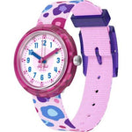 Load image into Gallery viewer, Orologio Flik Flak Time to Roar FPNP166 con cassa rosa trasparente e cinturino tessile multicolore.
