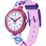 Orologio Flik Flak Time to Roar FPNP166 con cassa rosa trasparente e cinturino tessile multicolore.