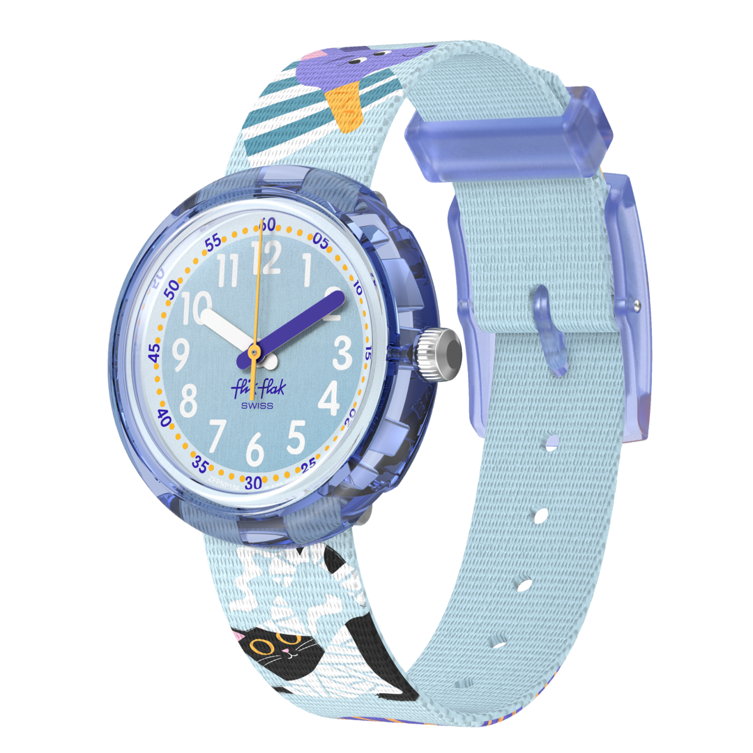 Orologio Flik Flak Tutan Time FPNP156 con quadrante blu e motivi di antico Egitto.
