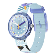 Orologio Flik Flak Tutan Time FPNP156 con quadrante blu e motivi di antico Egitto.