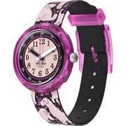 Orologio Flik Flak Woof Woof Time FPNP163 con cassa rosa in plastica biobased e quadrante multicolore.