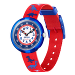 Load image into Gallery viewer, Orologio Flik Flak YOUR DINOSAURITOS FBNP117P con quadrante bianco e blu con dinosauri.

