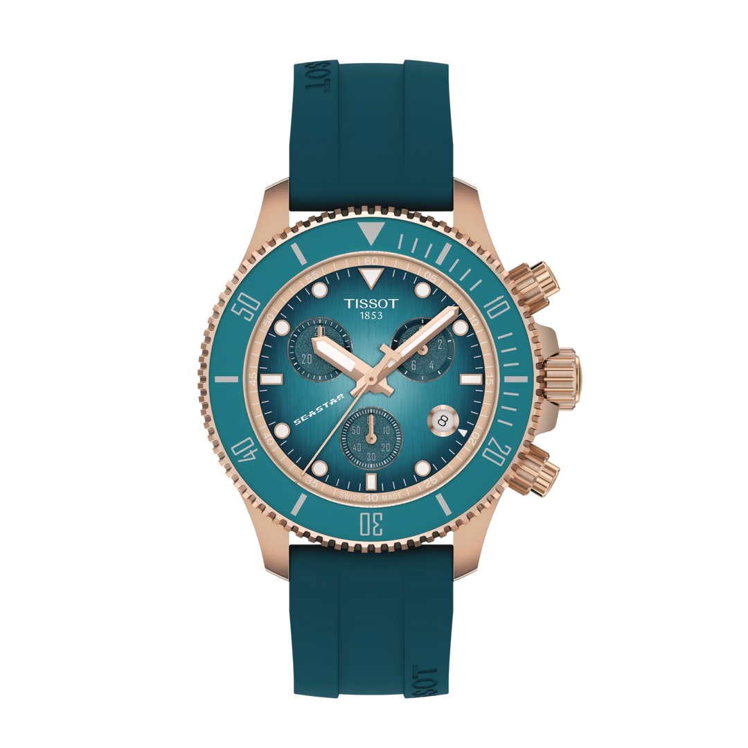 Orologio Tissot Seastar 1000 con quadrante turchese brillante, indici e lancette oro rosa luminescenti