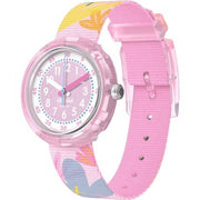 Orologio Flik Flak Pastel Paradise FPNP170 con cassa rosa in plastica biobased e quadrante rosa con fantasia botanica.