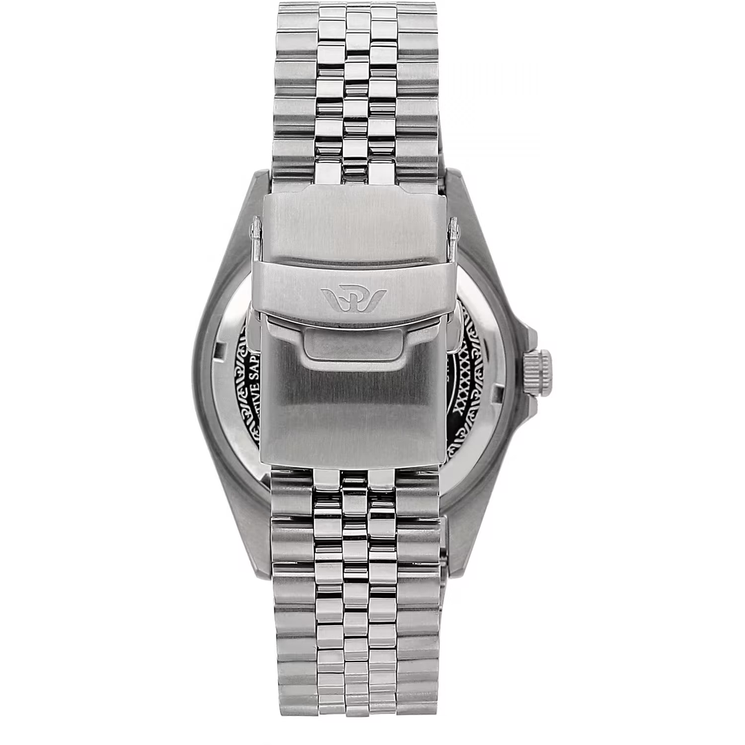 Cassa in acciaio inox satinato da 42 mm con lunetta blu e rossa, corona a vite e vetro zaffiro antiriflesso del Philip Watch Caribe Sport