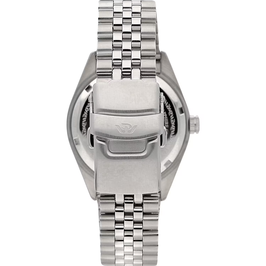 Cassa in acciaio inox da 39 mm con vetro zaffiro antiriflesso e corona zigrinata del Philip Watch Caribe Urban