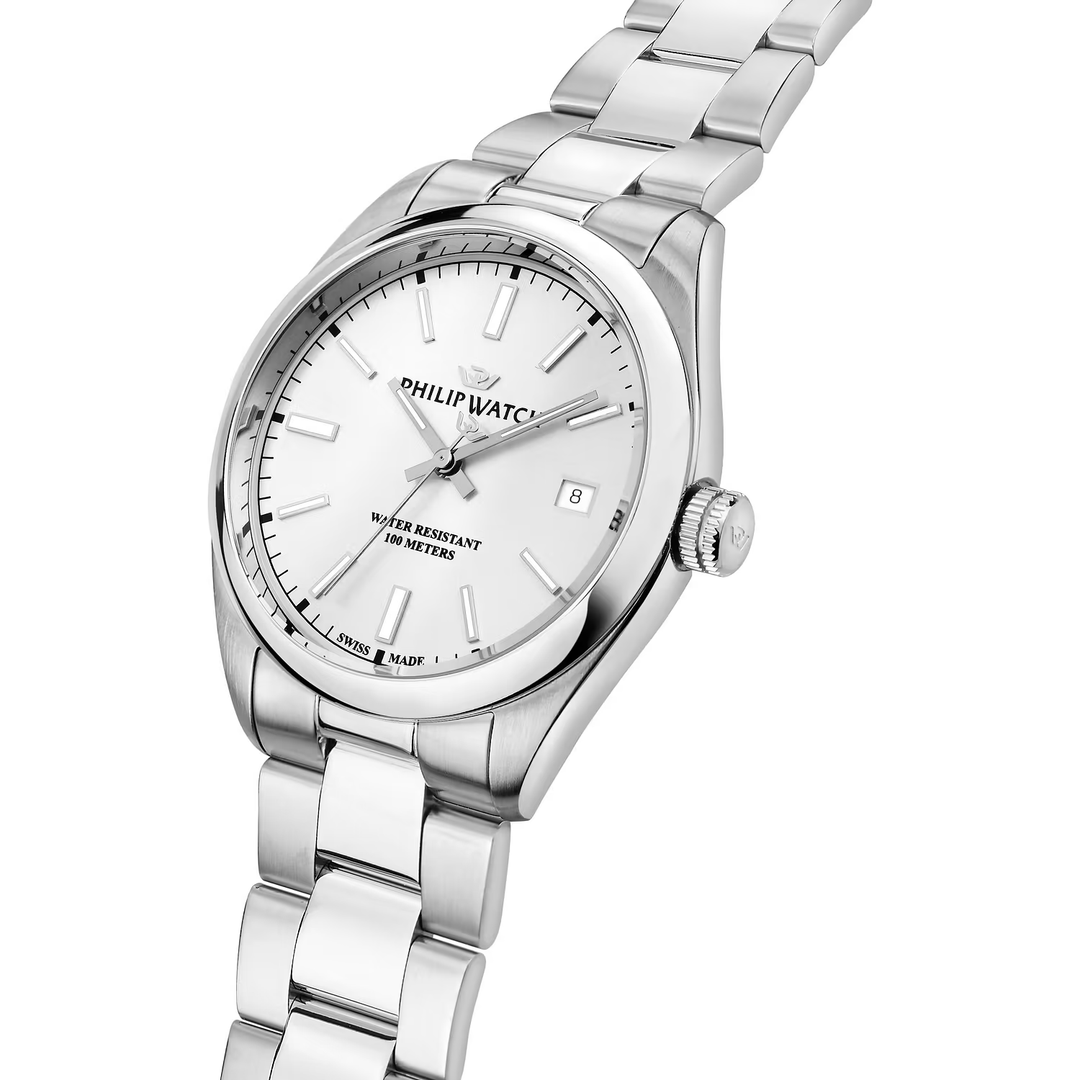 Cassa in acciaio inox silver da 39 mm con vetro zaffiro antiriflesso e corona zigrinata del Philip Watch Caribe Urban
