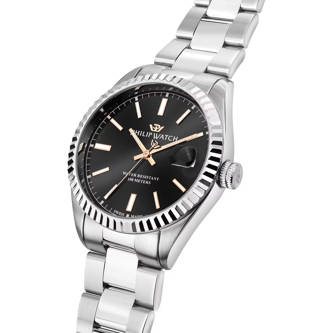 Bracciale in acciaio inox silver con chiusura deployante con pulsanti e blocco di sicurezza dell'orologio Philip Watch Caribe Urban R8253597116