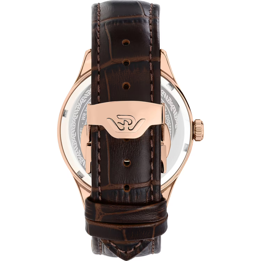 Cassa in acciaio inox color oro rosa da 40 mm con vetro minerale K1 e corona zigrinata del Philip Watch Museum