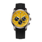 Load image into Gallery viewer, Quadrante giallo del Porsche Design PTC 911 Limited Edition con indici e lancette luminescenti, dettagli cronografo e datario
