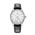 Load image into Gallery viewer, Quadrante argenté con piccoli secondi a ore 6 e scala dei minuti dell’IWC Portugieser Automatic 40.
