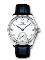 Load image into Gallery viewer, Quadrante argenté pulito con piccoli secondi a ore 6 e numeri arabi dell’IWC Portugieser Automatic 40.
