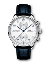 Load image into Gallery viewer, Quadrante argenté del cronografo IWC Portugieser con totalizzatori incassati e dettagli blu sulle lancette.
