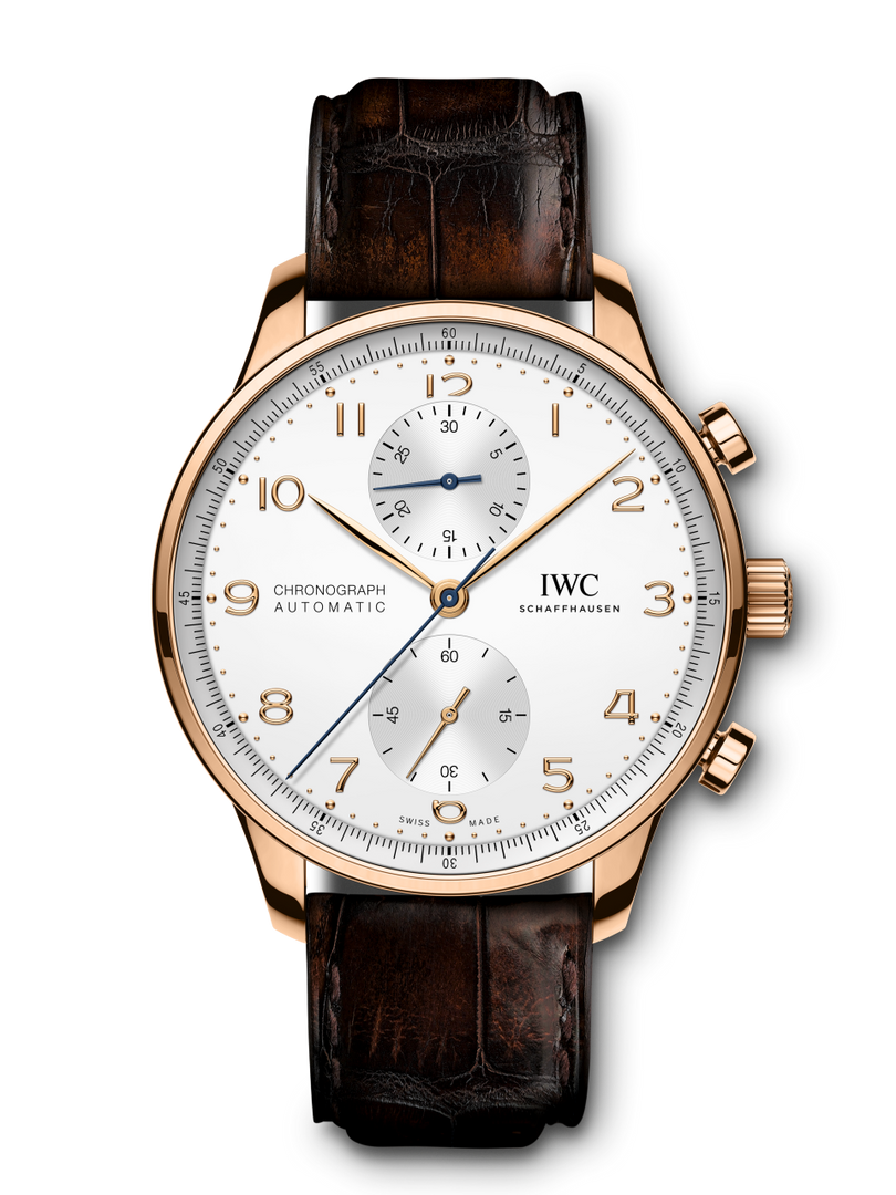 Cassa in oro rosso 18 carati da 41 mm con vetro zaffiro bombato e pistoni cronografici laterali.