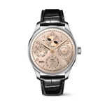 Load image into Gallery viewer, Quadrante Dune con numeri arabi e dettagli raffinati del Portugieser Perpetual Calendar 44 in oro bianco.
