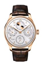 Load image into Gallery viewer, Quadrante argenté Silver Moon con lancette e indici in oro rosa, calendario perpetuo e fasi lunari emisferiche.
