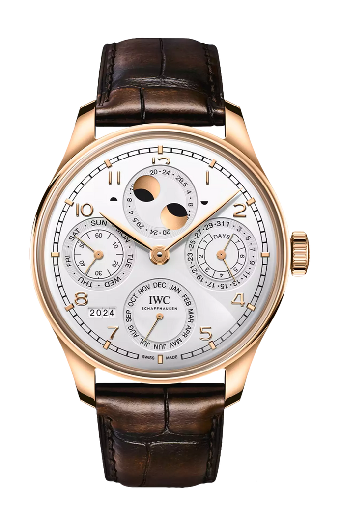 Quadrante argenté Silver Moon con lancette e indici in oro rosa, calendario perpetuo e fasi lunari emisferiche.