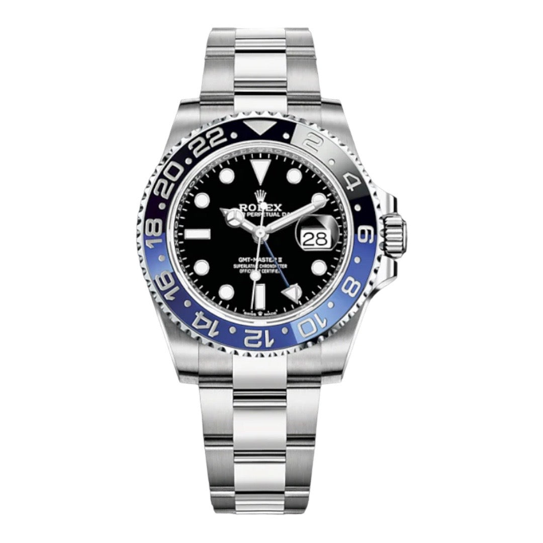Quadrante nero del Rolex GMT-Master II con lancette e indici luminescenti a emissione prolungata Chromalight