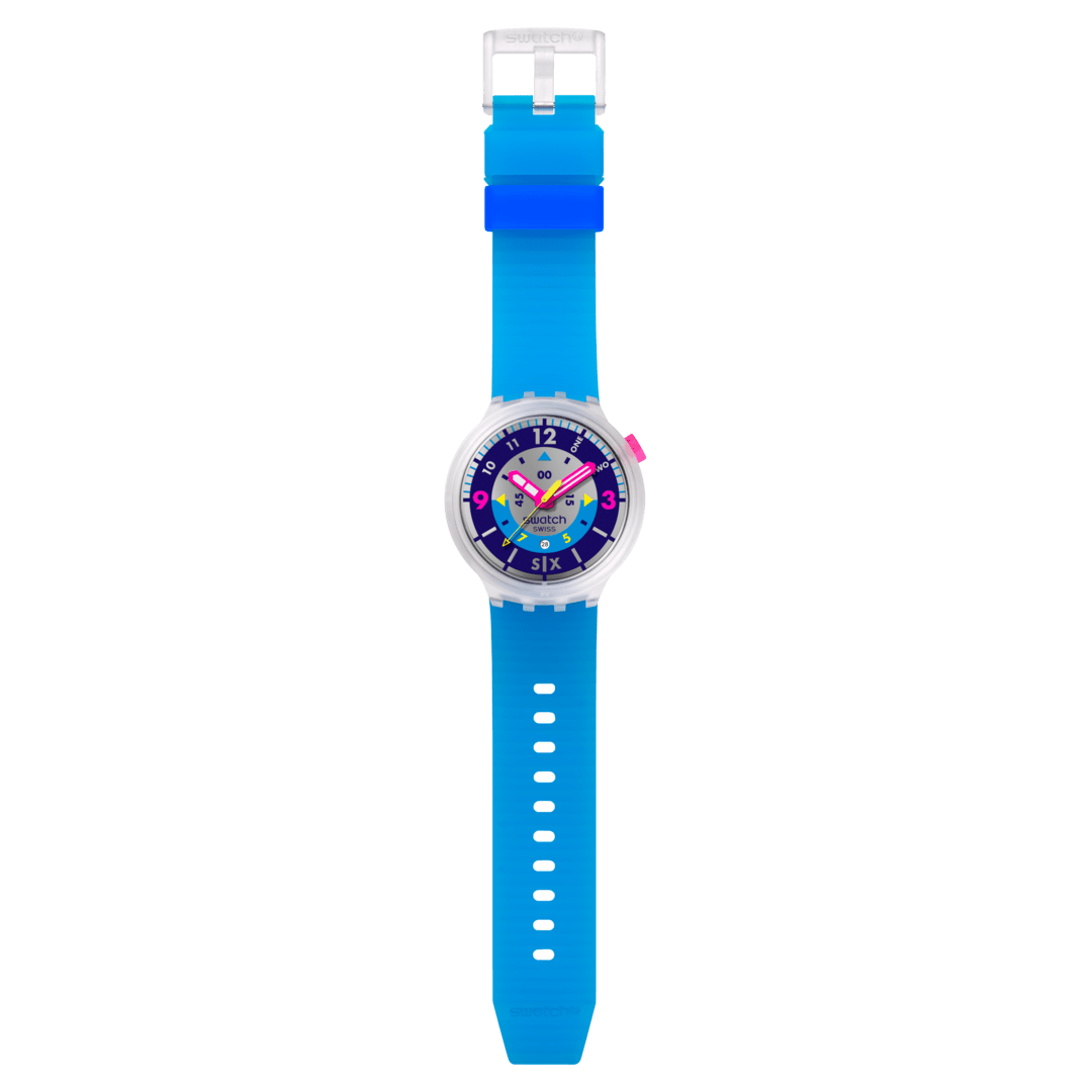 Swatch Neon Hielo SB01K400 - cassa trasparente - cinturino silicone azzurro e quadrante blu/argento