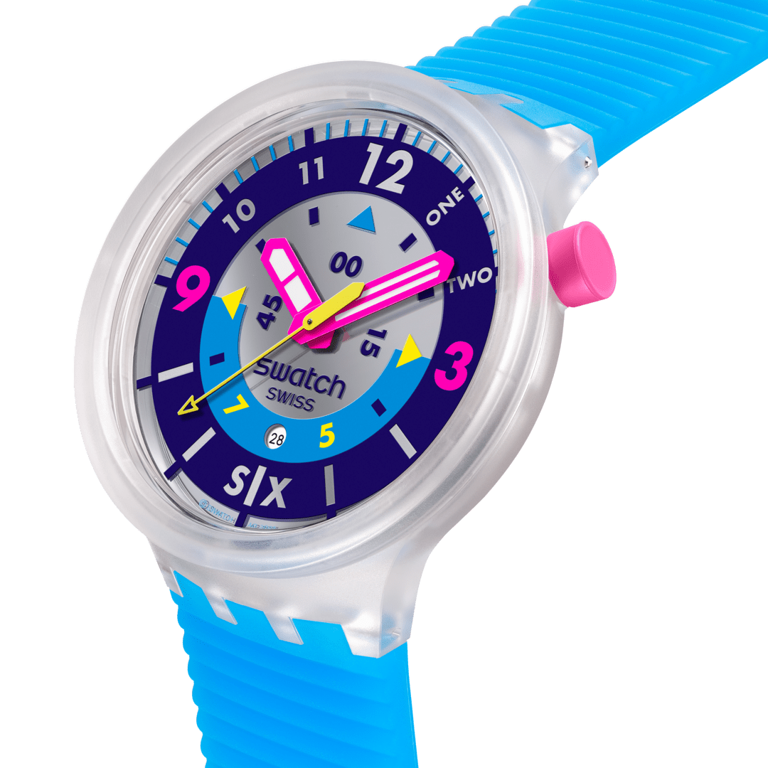 Swatch Neon Hielo SB01K400 - cassa trasparente - cinturino silicone azzurro e quadrante blu/argento